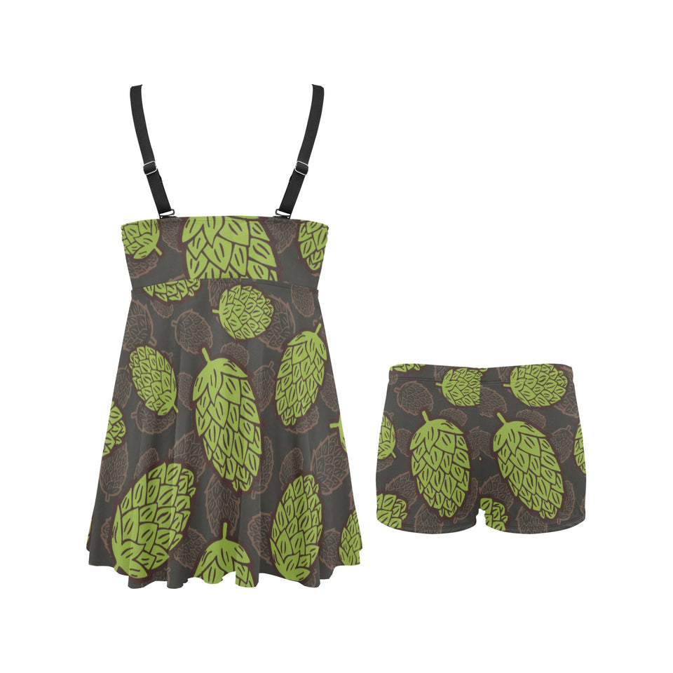 Hop pattern black background Chest Sexy Pleated Two Piece Swim Dress