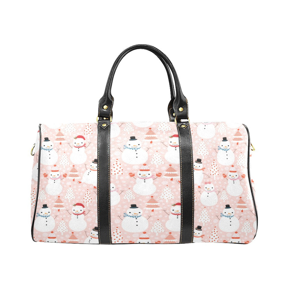 Cute snowman christmas tree snowpink background Travel Bag