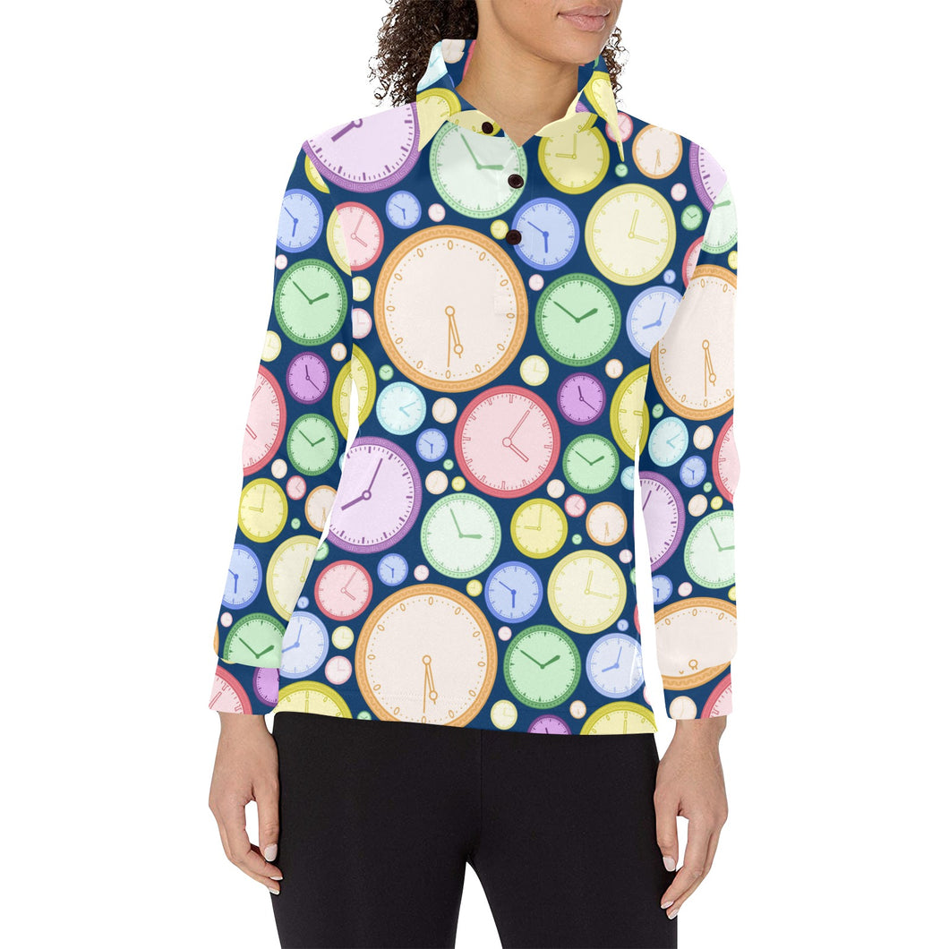Colorful clock background Women's Long Sleeve Polo Shirt