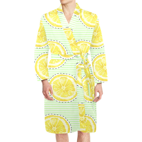 slice of lemon pattern Men's Long Sleeve Belted Night Robe