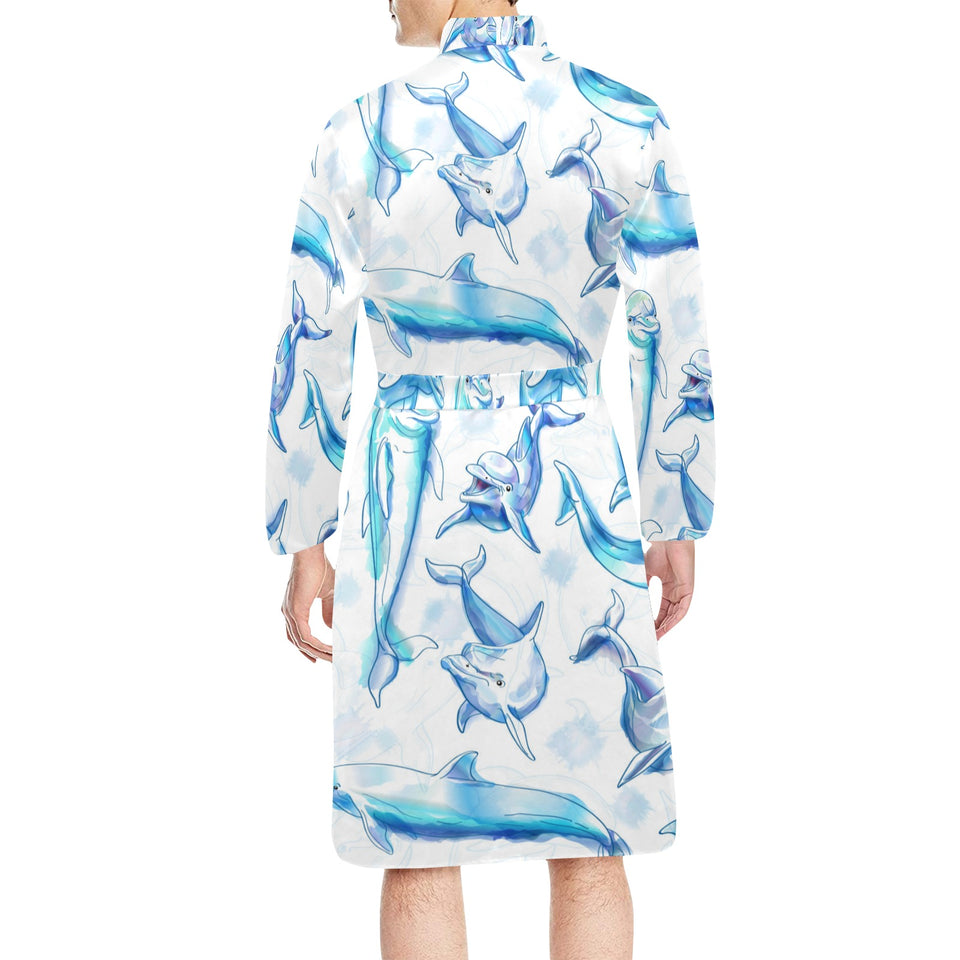 Watercolor dolphin pattern Men's Long Sleeve Belted Night Robe