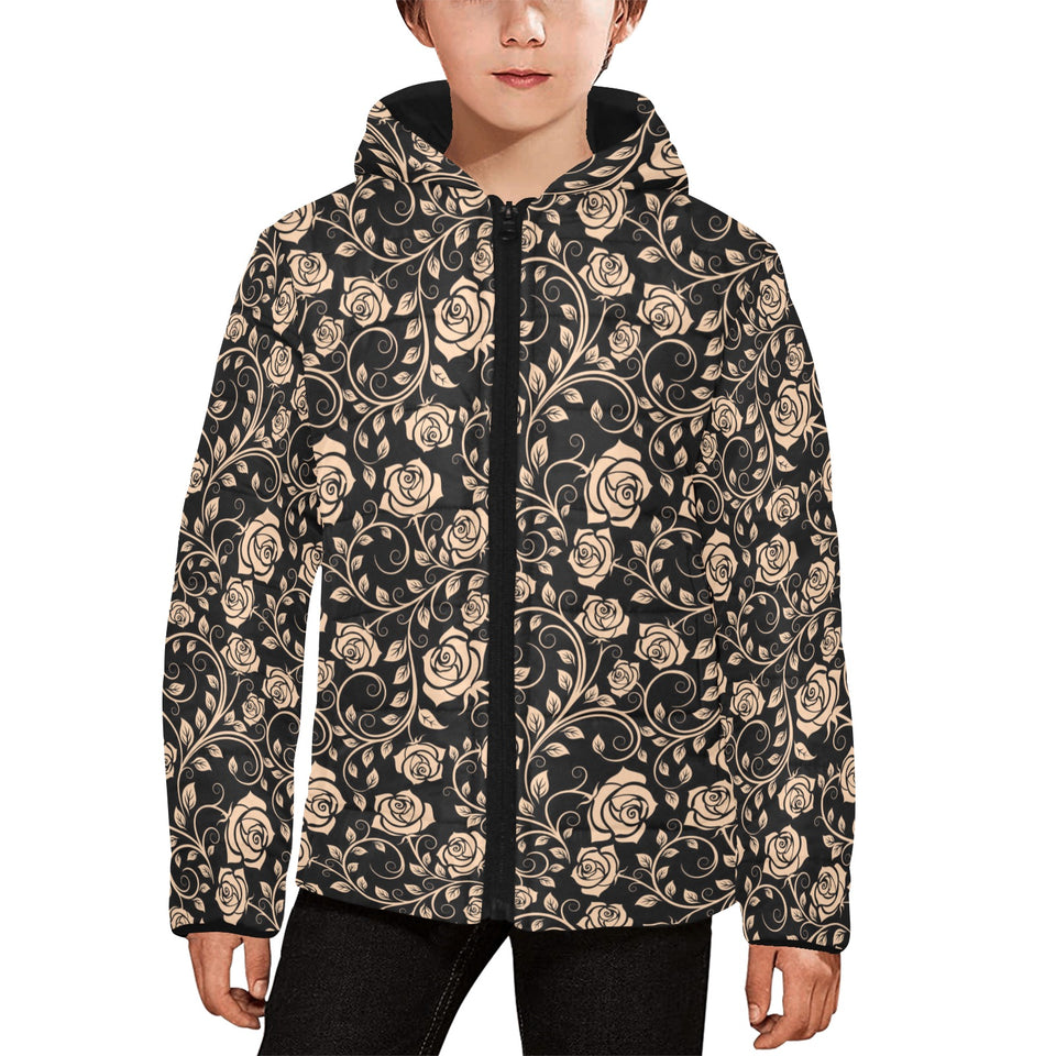 Rose Pattern Print Design 04 Kids' Boys' Girls' Padded Hooded Jacket