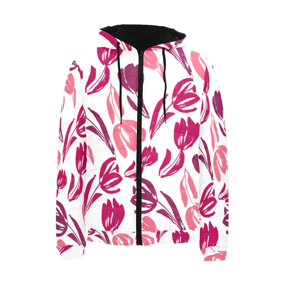 pink sketch tulip pattern Men's Padded Hooded Jacket