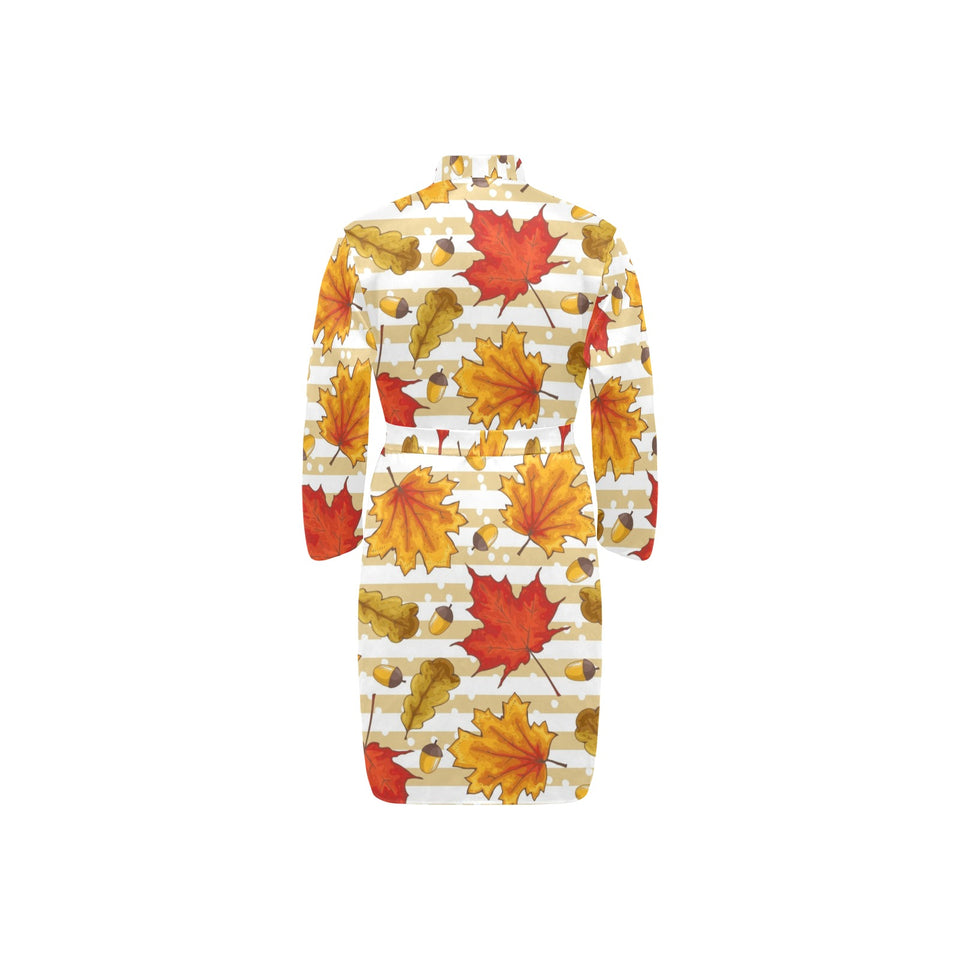 Maple leaf oak leaf acorns beige striped backgroun Men's Long Sleeve Belted Night Robe