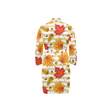 Maple leaf oak leaf acorns beige striped backgroun Men's Long Sleeve Belted Night Robe