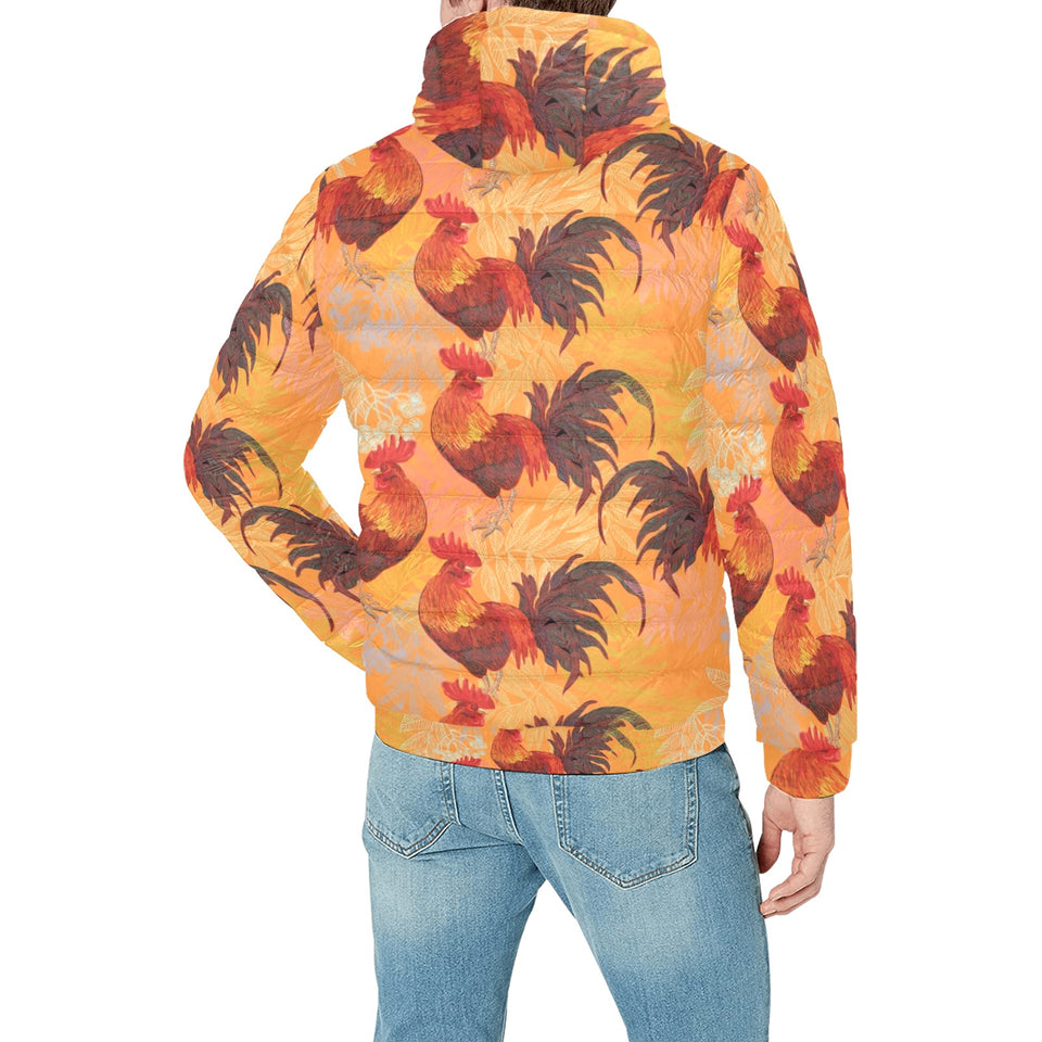 red rooster chicken cock pattern Men's Padded Hooded Jacket
