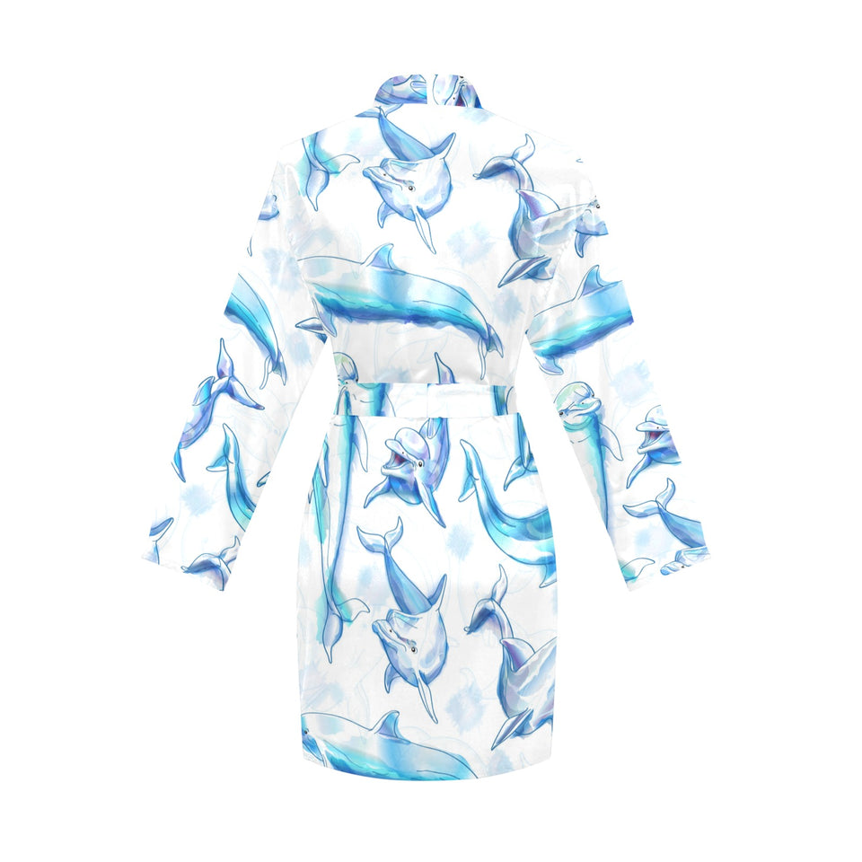 Watercolor dolphin pattern Women's Long Sleeve Belted Night Robe
