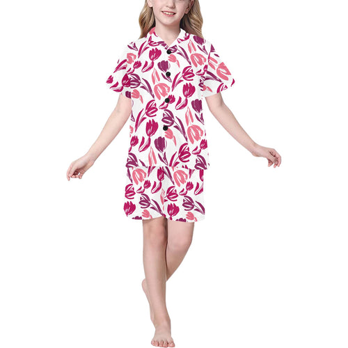 pink sketch tulip pattern Kids' Boys' Girls' V-Neck Short Pajama Set