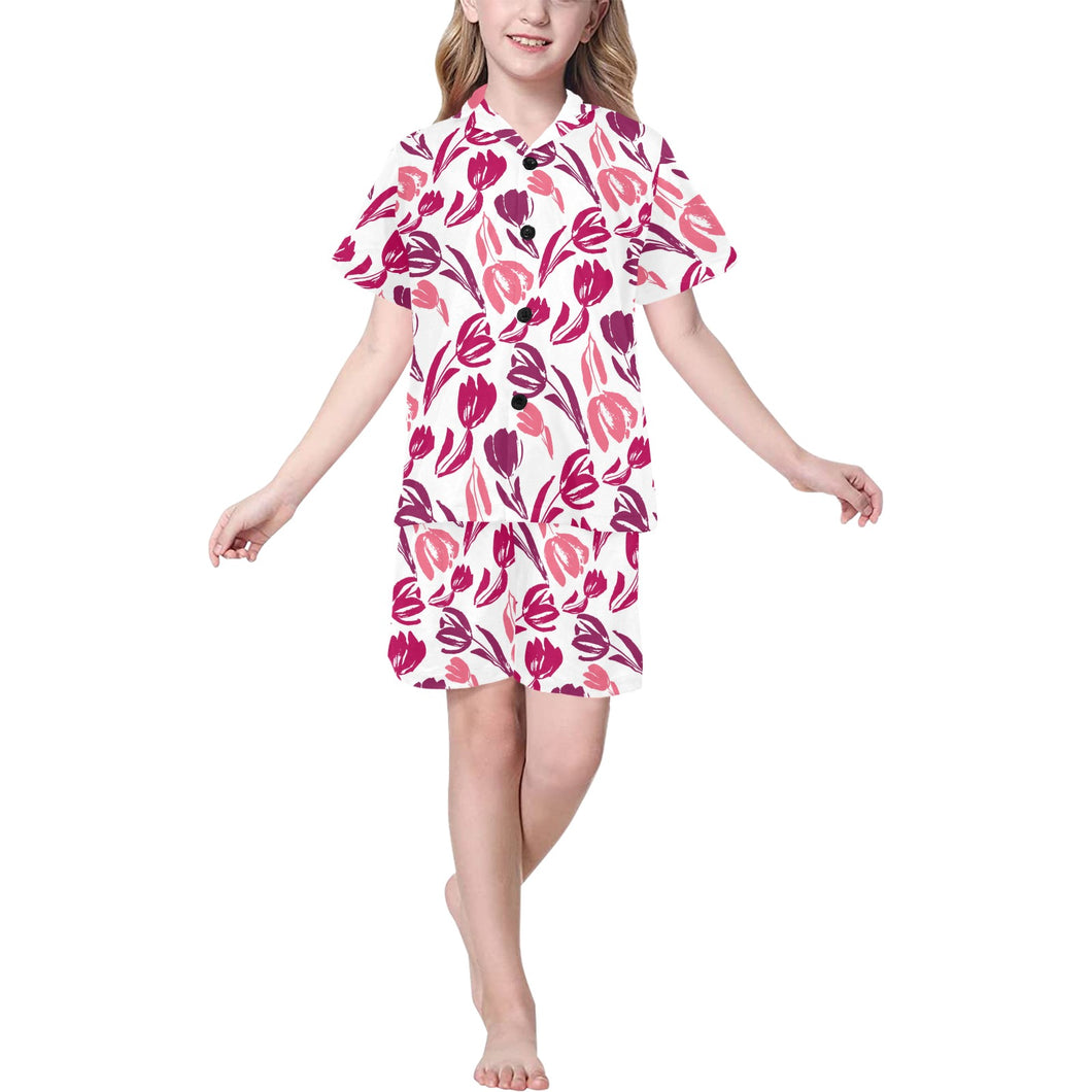 pink sketch tulip pattern Kids' Boys' Girls' V-Neck Short Pajama Set