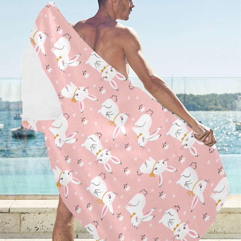 Cute white rabbit flower pink background Beach Towel