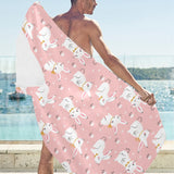 Cute white rabbit flower pink background Beach Towel