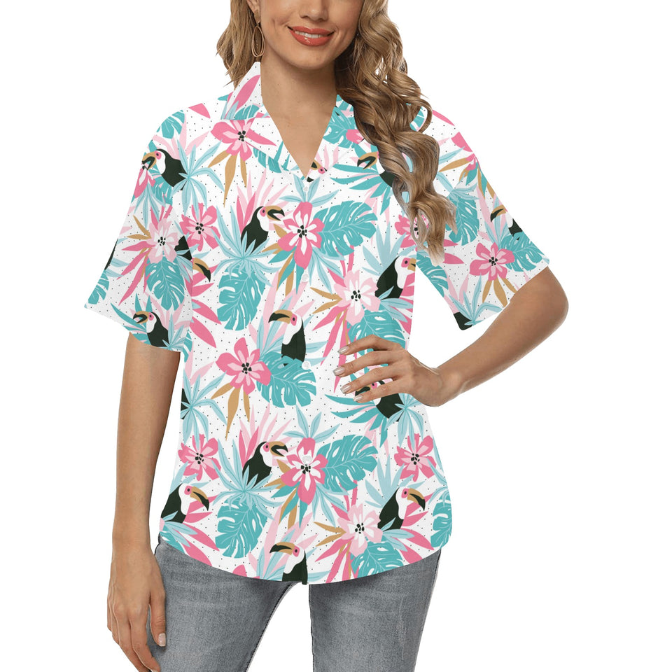 Toucan tropical flower leave pattern Women's All Over Print Hawaiian Shirt
