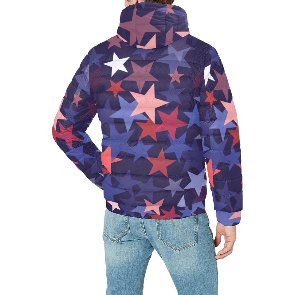 Red blue star pattern Men's Padded Hooded Jacket
