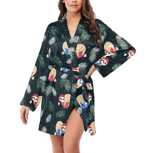 Cute sloths sleeping christmas ball santa hat patt Women's Long Sleeve Belted Night Robe