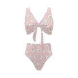 Clock pattern pink blackground Chest Bowknot High Waisted Bikini Swimsuit