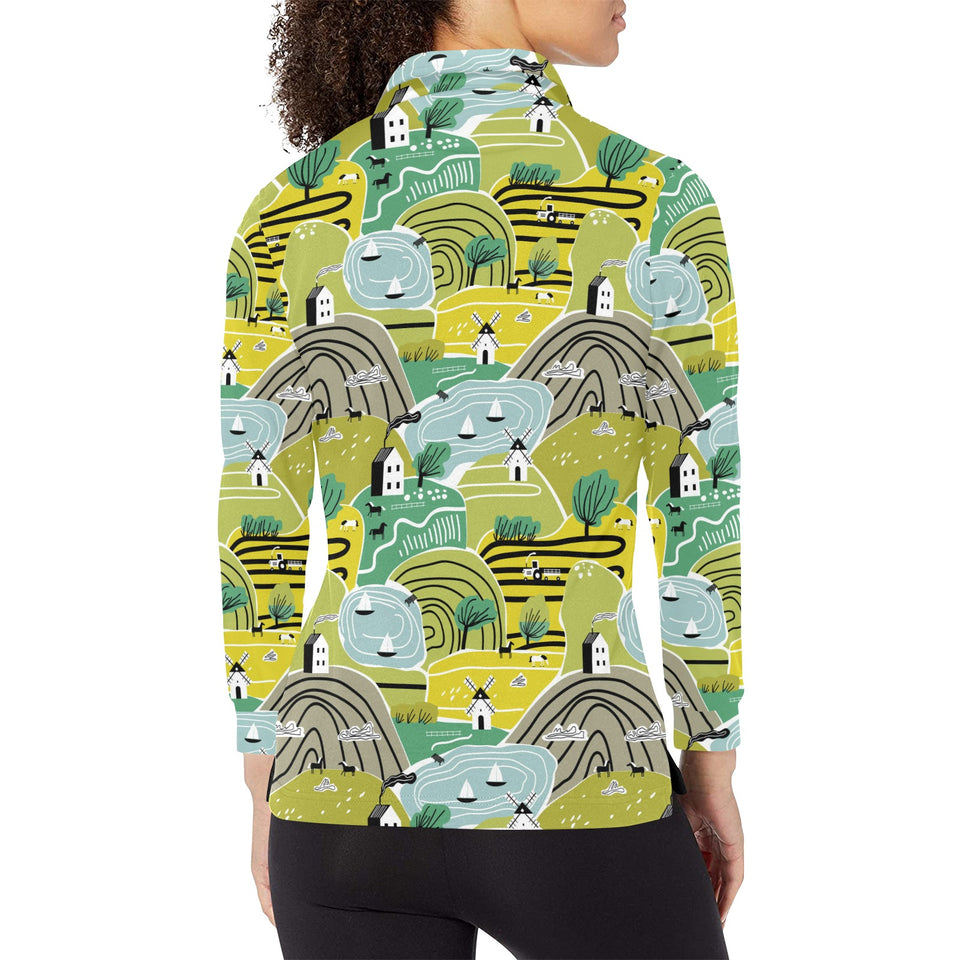 Hand drawn windmill pattern Women's Long Sleeve Polo Shirt