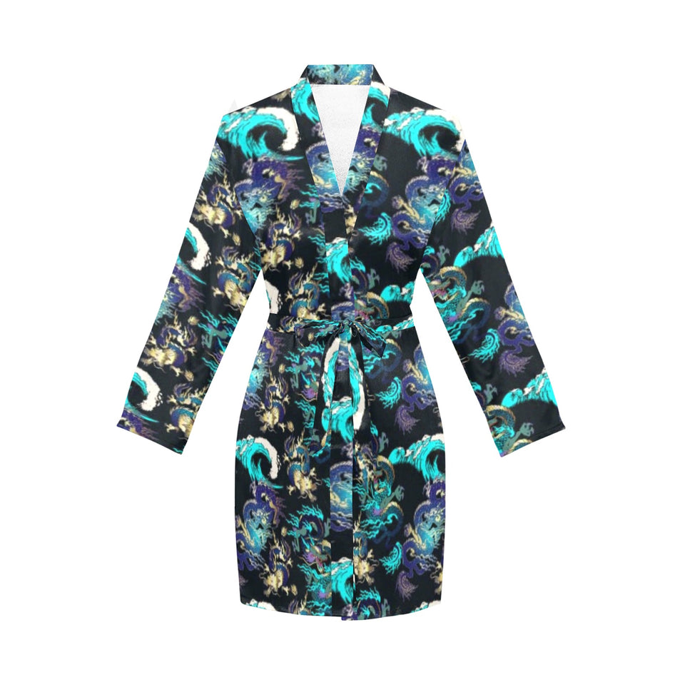 Dragon sea wave pattern Women's Long Sleeve Belted Night Robe