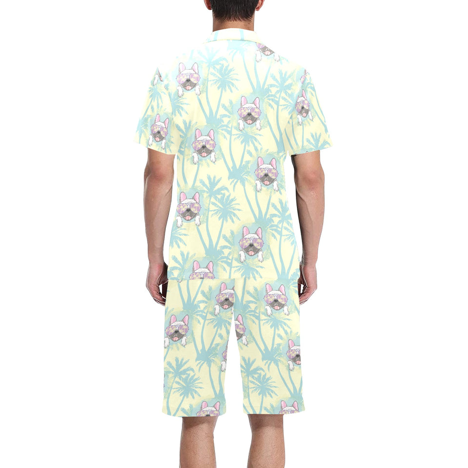 French bulldog hawaii blackground Men's V-Neck Short Pajama Set