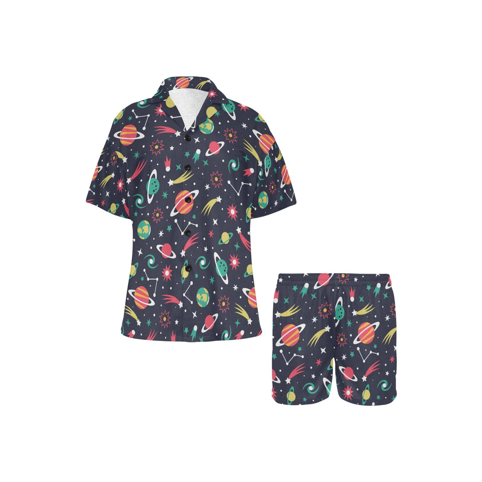 colorful space pattern planet star Women's V-Neck Short Pajama Set