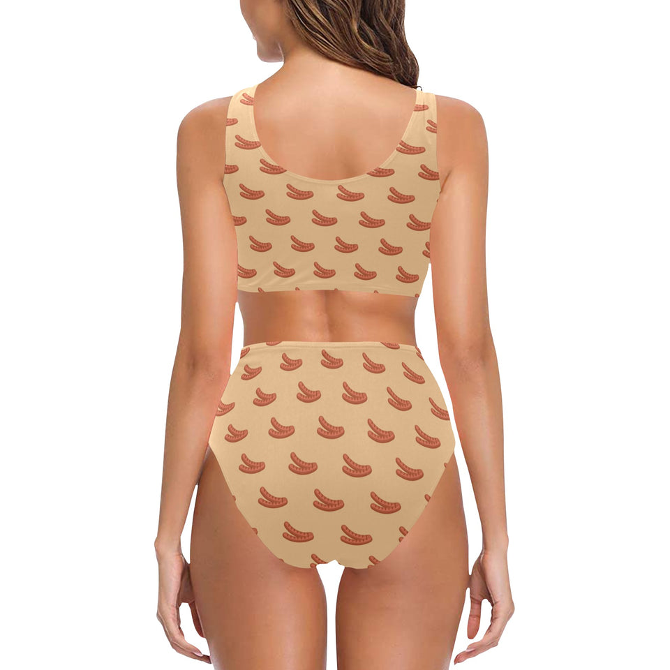 Sausage Pattern Print Design 03 Chest Bowknot High Waisted Bikini Swimsuit