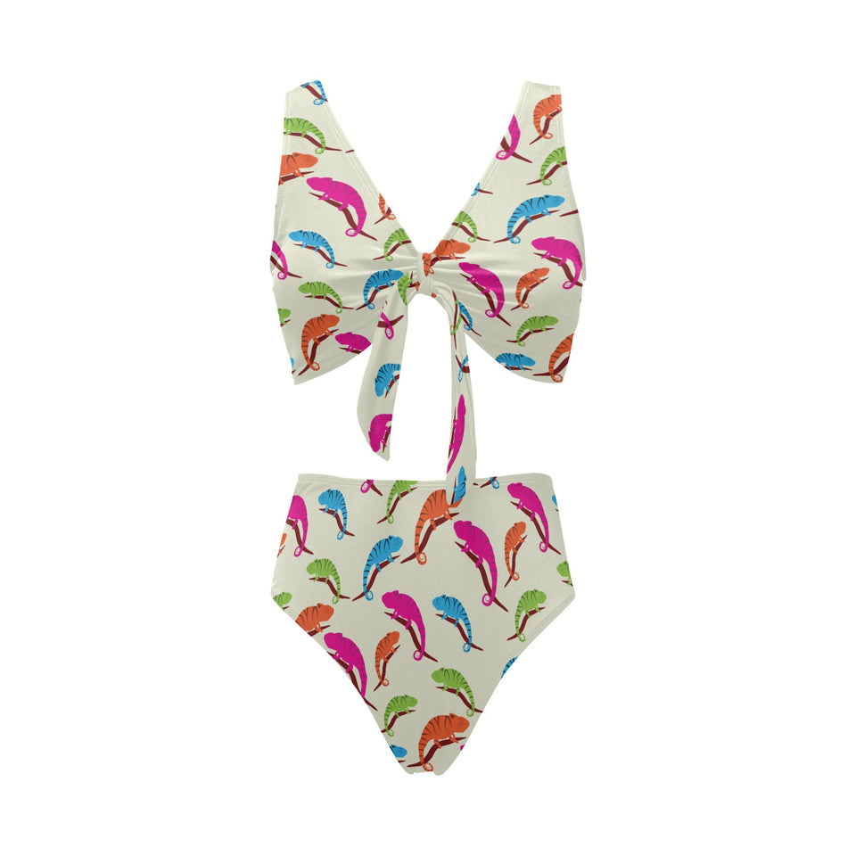 Colorful Chameleon lizard pattern Chest Bowknot High Waisted Bikini Swimsuit