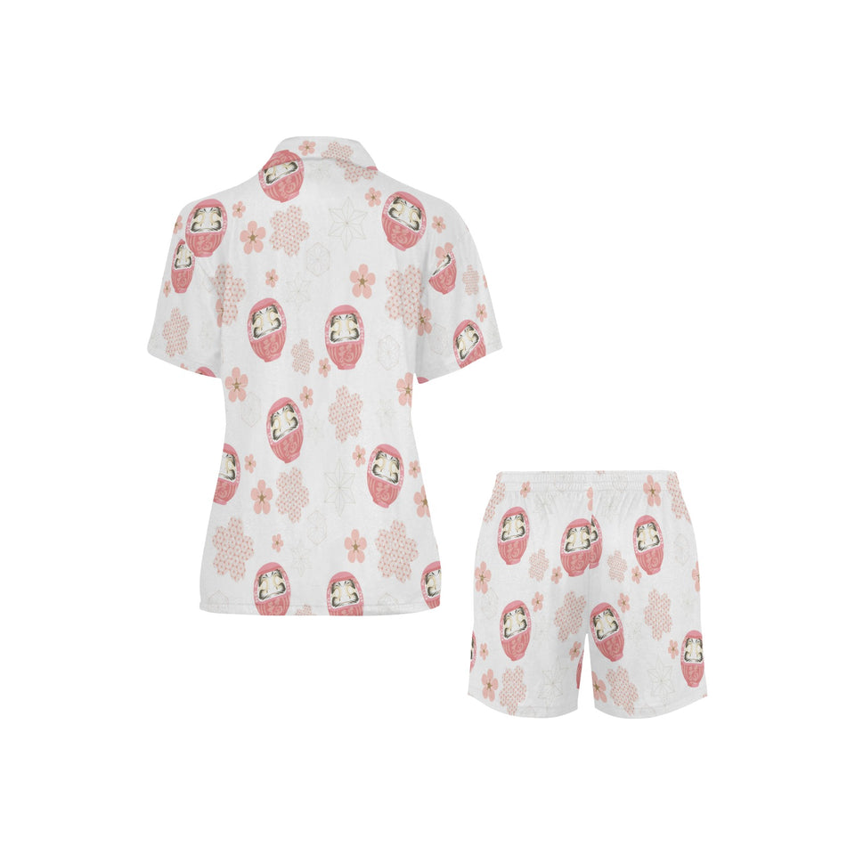 Daruma japanese wooden doll cherry blossom flower Women's V-Neck Short Pajama Set