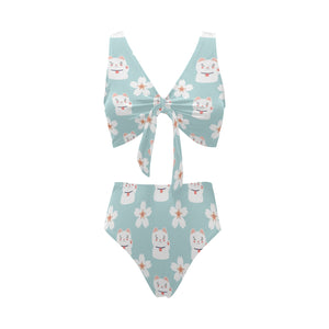 Maneki neko cat sakura Chest Bowknot High Waisted Bikini Swimsuit
