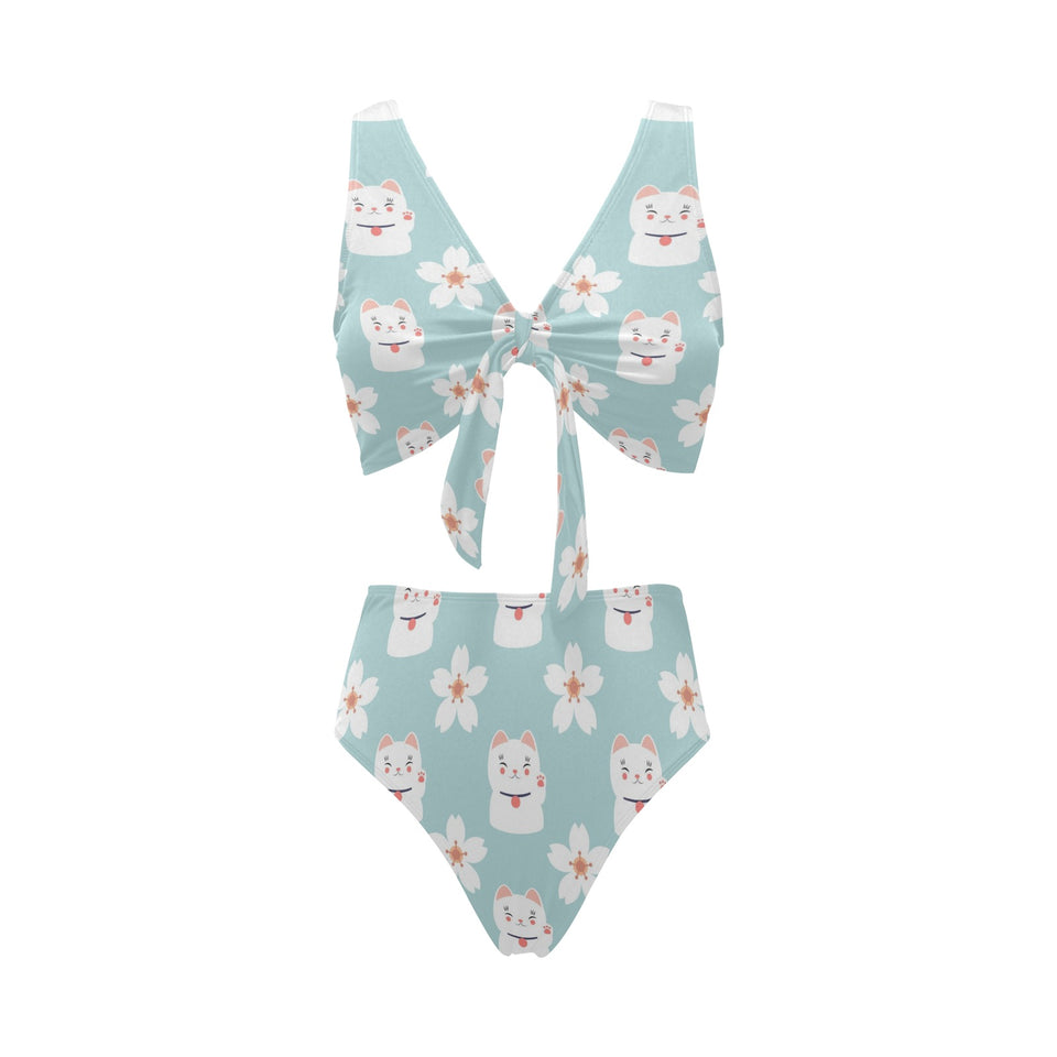 Maneki neko cat sakura Chest Bowknot High Waisted Bikini Swimsuit