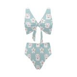 Maneki neko cat sakura Chest Bowknot High Waisted Bikini Swimsuit