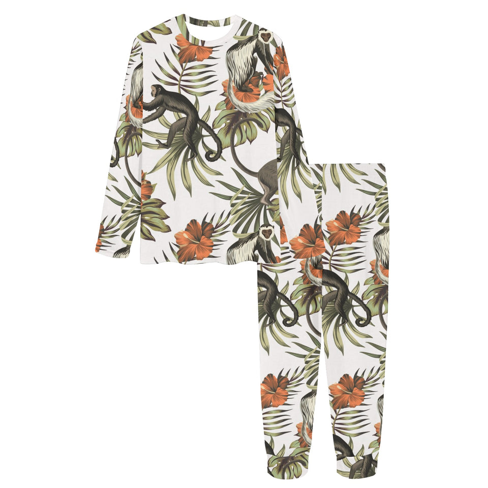Monkey red hibiscus flower palm leaves floral patt Women's All Over Print Pajama Set
