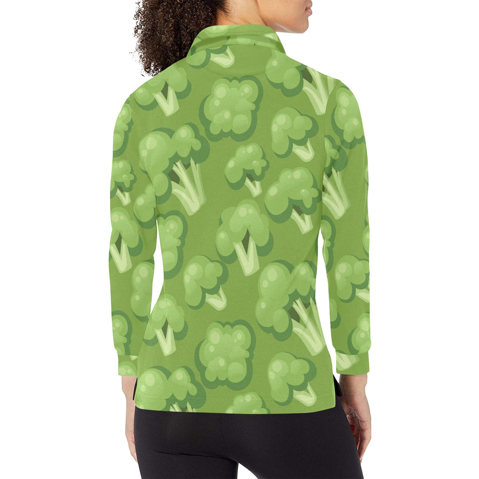 Broccoli pattern green background Women's Long Sleeve Polo Shirt