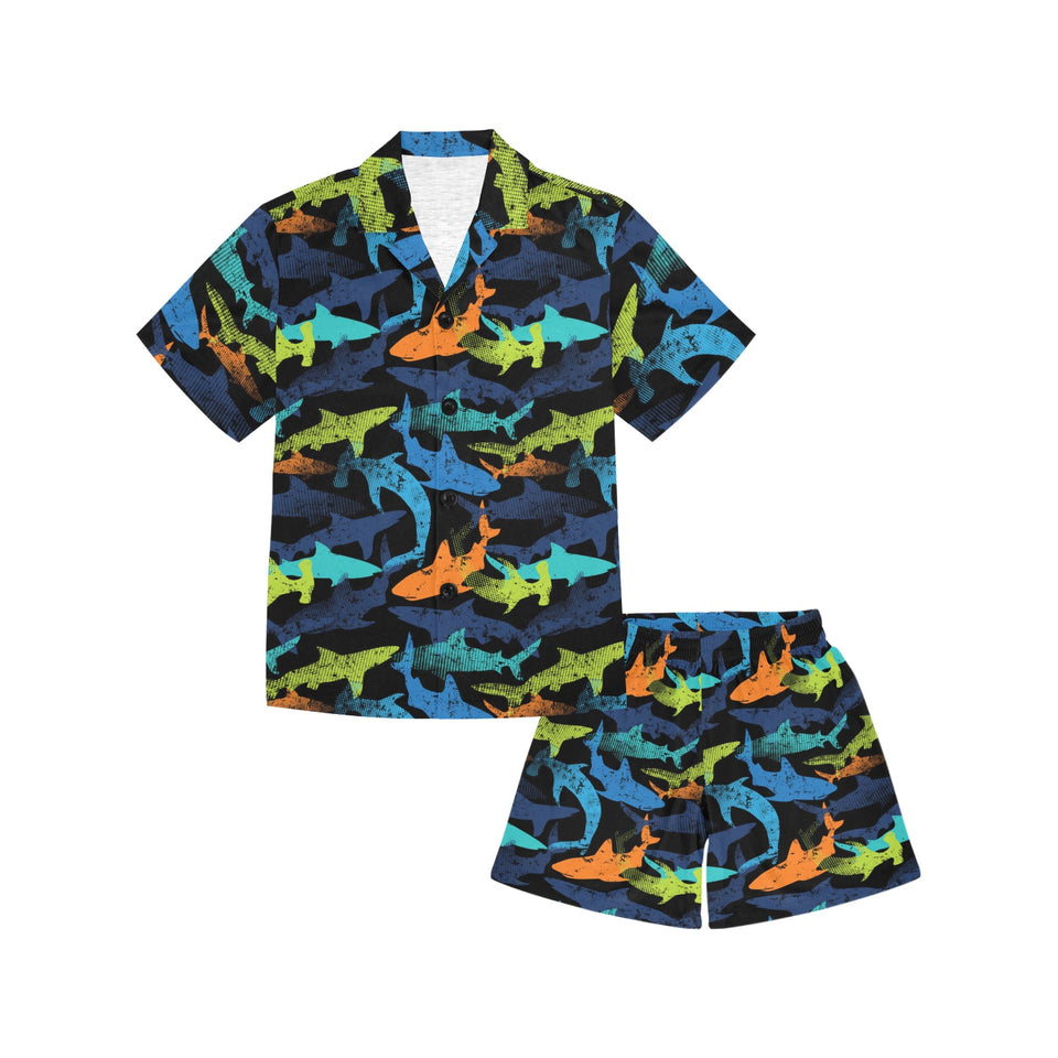 Colorful shark Kids' Boys' Girls' V-Neck Short Pajama Set