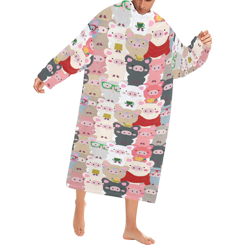 Pig Pattern Print Design 02 Blanket Robe with Sleeves