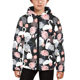 white swan blooming flower pattern Kids' Boys' Girls' Padded Hooded Jacket