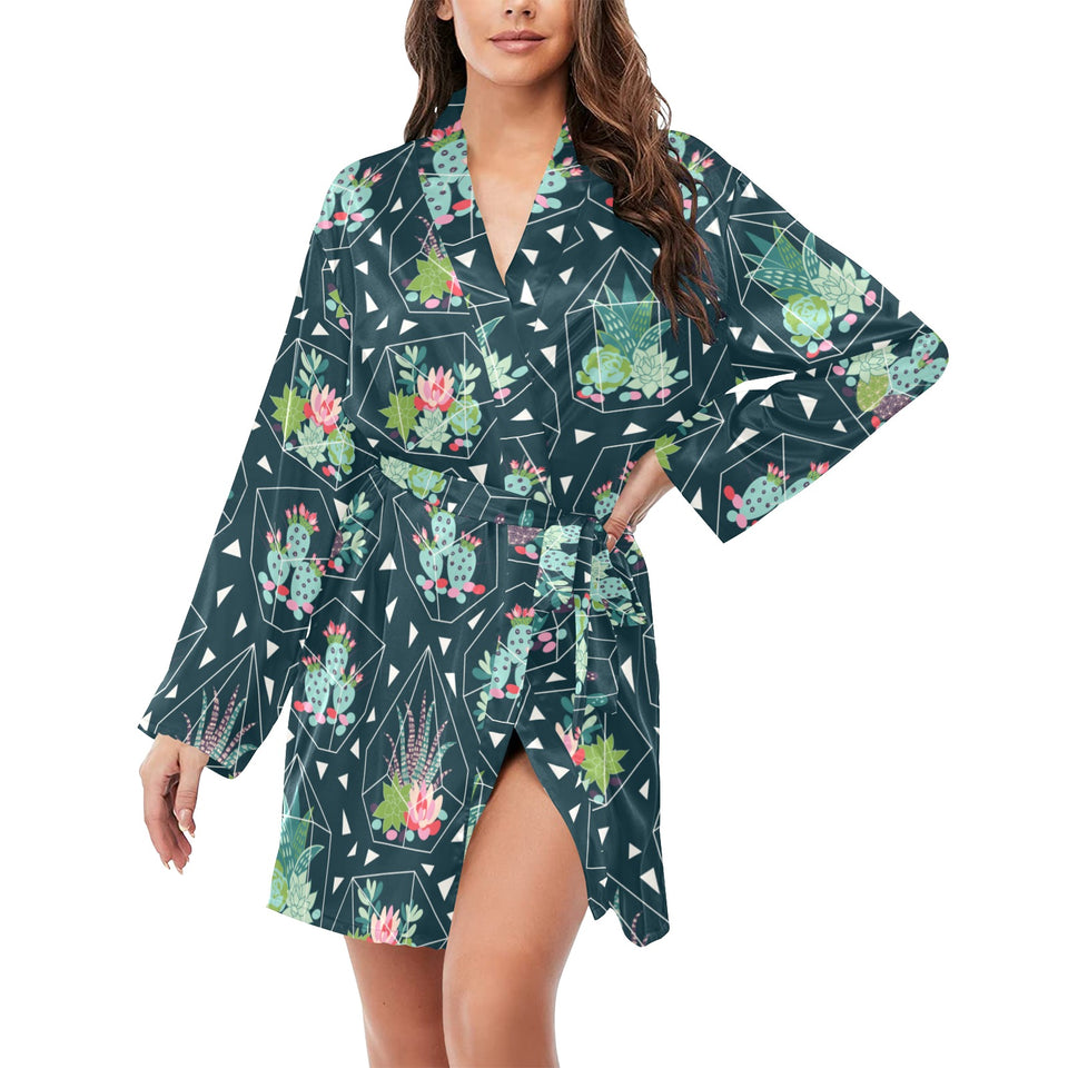 Cactus glass terrarium pattern Women's Long Sleeve Belted Night Robe