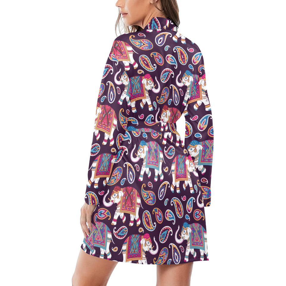 Elephant indian style ornament pattern Women's Long Sleeve Belted Night Robe
