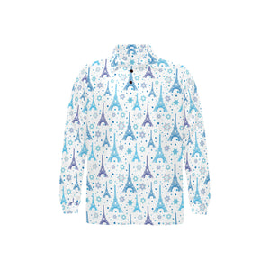 Blue Eiffel Tower Theme Pattern Print Design 01 Men's Long Sleeve Polo Shirt