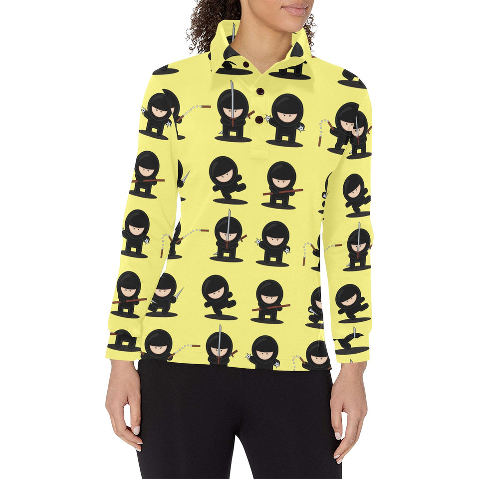 Cute ninja yellow background Women's Long Sleeve Polo Shirt