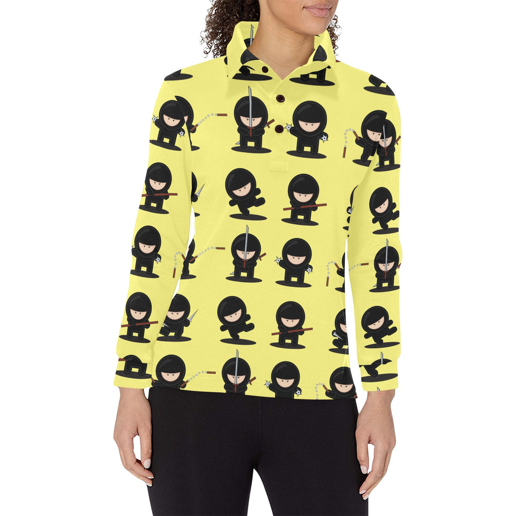 Cute ninja yellow background Women's Long Sleeve Polo Shirt