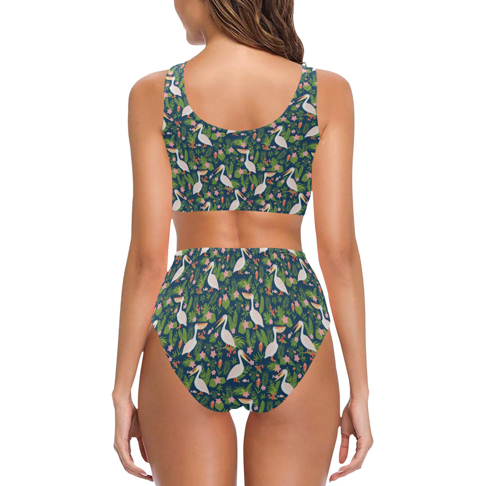 Pelican Pattern Print Design 05 Chest Bowknot High Waisted Bikini Swimsuit