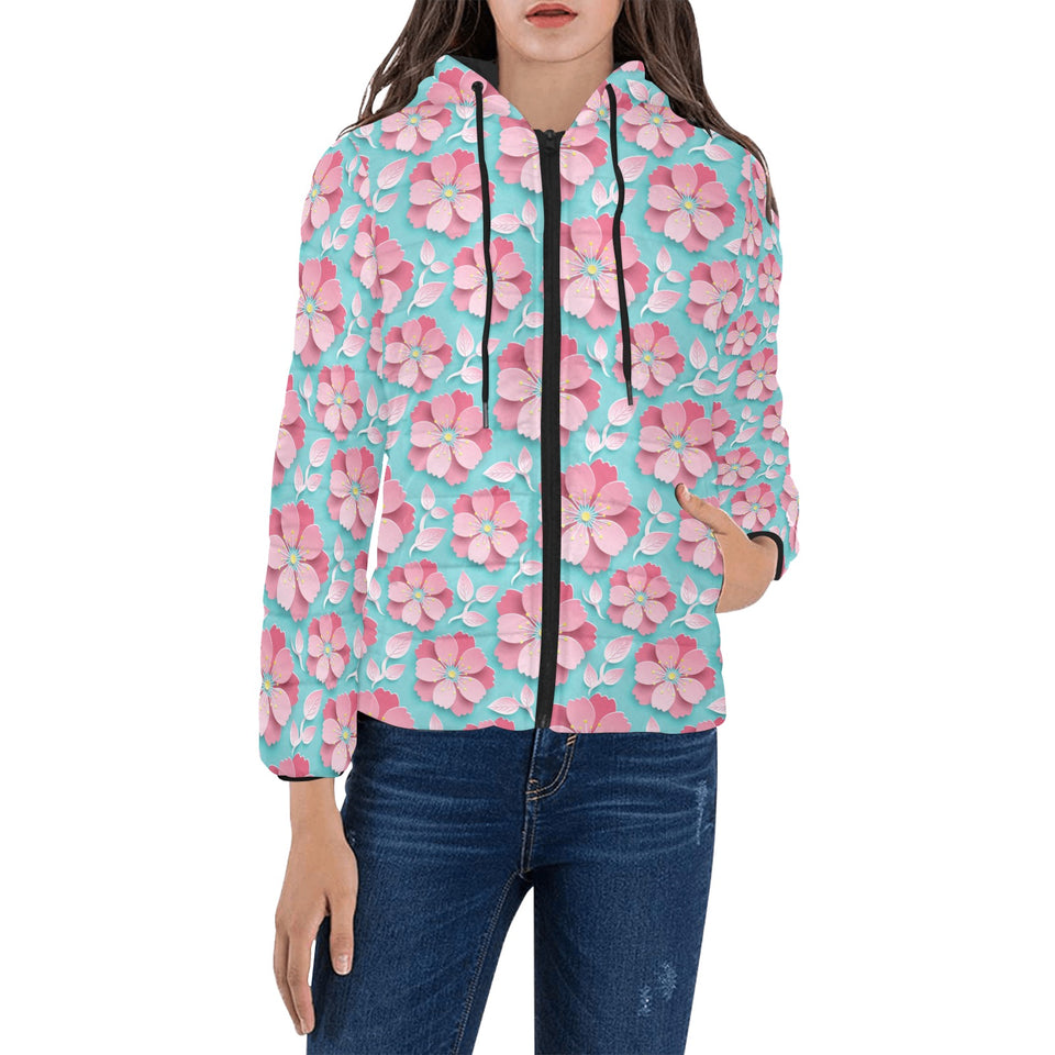 3D sakura cherry blossom pattern Women's Padded Hooded Jacket