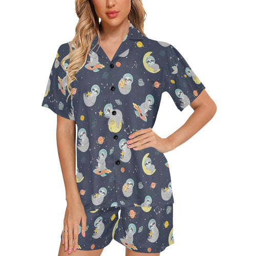 Cute sloth astronaut star planet rocket pattern Women's V-Neck Short Pajama Set