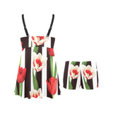 red and white tulips pattern Chest Sexy Pleated Two Piece Swim Dress