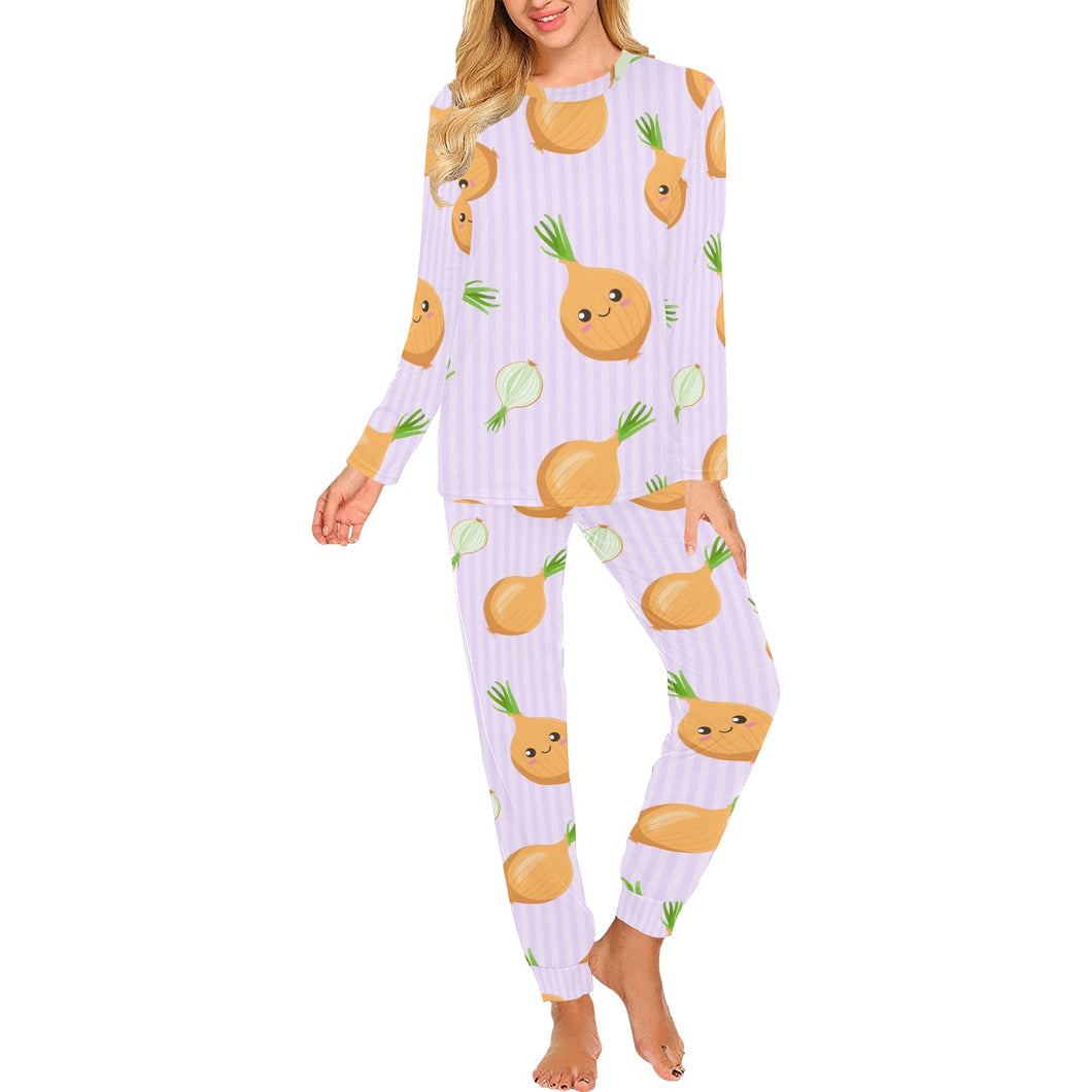 cute onions smiling faces purple background Women's All Over Print Pajama Set