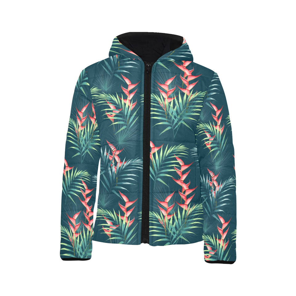 heliconia flowers, palm and monstera leaves on bla Kids' Boys' Girls' Padded Hooded Jacket