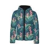 heliconia flowers, palm and monstera leaves on bla Kids' Boys' Girls' Padded Hooded Jacket