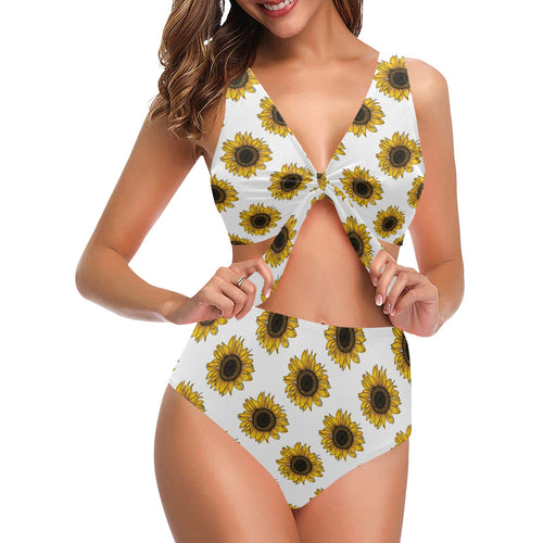 sunflowers design pattern Chest Bowknot High Waisted Bikini Swimsuit