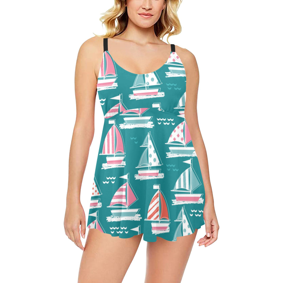 Cute sailboat pattern Chest Sexy Pleated Two Piece Swim Dress