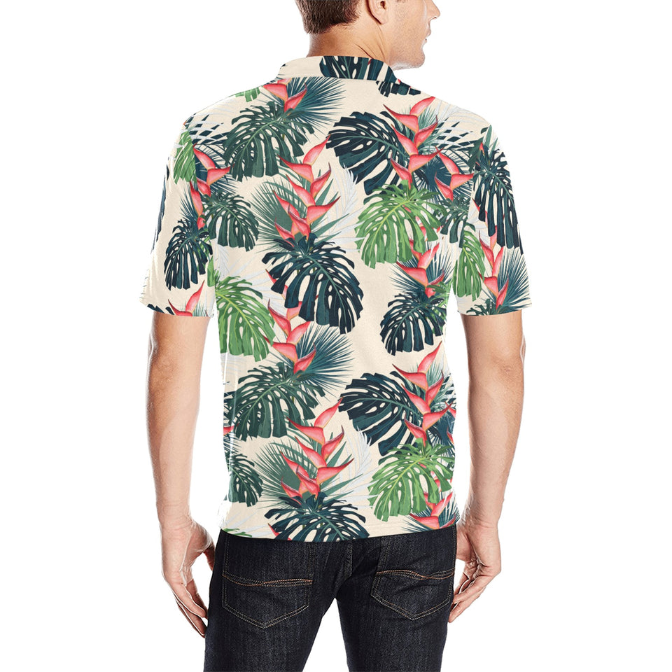 heliconia flowers, palm and monstera leaves Men's All Over Print Polo Shirt