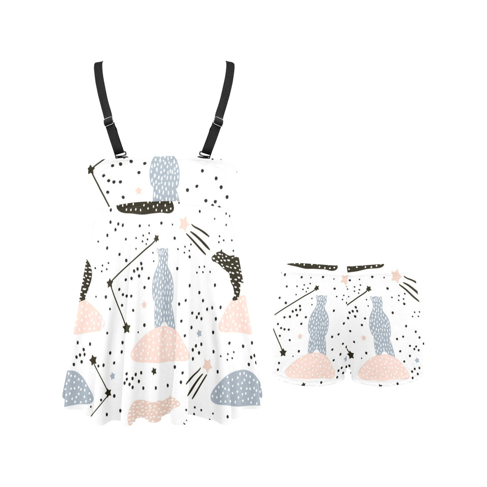 Polar bears star poka dot pattern Chest Sexy Pleated Two Piece Swim Dress